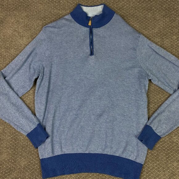 Peter Millar 1/4 Zip Sweater Men's Large Fits Medium Blue Birdseye Cotton Silk - Picture 1 of 8